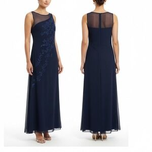 Cachet Womens Blue Embellished Mesh Overlay Evening Gown Dress Size Small Formal